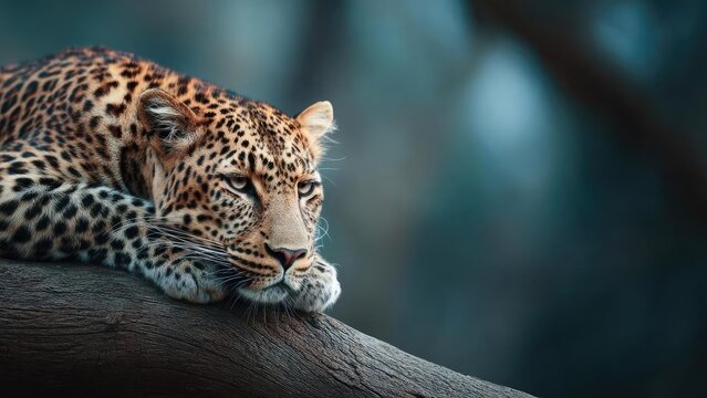 A leopard lounging on a tree branch, head resting on the wood, gazing calmly into the distance. Concept Leopard in Tree, Wildlife Photography, Calm Gaze, Relaxed Pose, Nature Scene