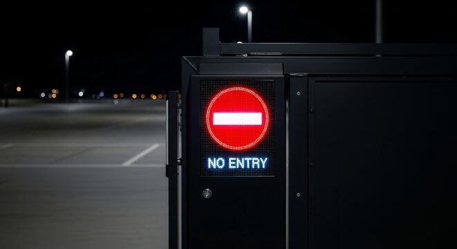 Red Illuminated No Entry Sign On A Dark Parking Area At Night With Lights