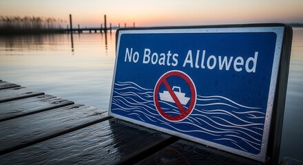 Prohibition Sign on Wooden Dock with Waterscape at Sunset Evening Nature Scene
