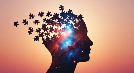 Obraz premium Exploring memory and cognition with a conceptual head filled with stars and puzzle pieces in mind