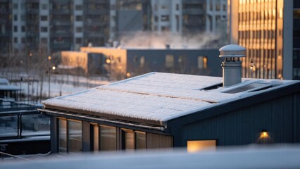 Snow-covered rooftop with a vent pipe, urban apartment buildings visible in the background at dusk. Concept Snow-covered rooftop, Vent pipe detail, Cityscape at dusk, Urban apartment buildings