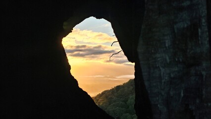 sunrise through a burned out hole in a tree