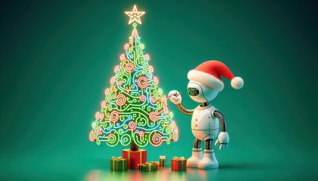 Cute humanoid robot creating a glowing Christmas tree made from circuits on a green background, celebrating the holiday season with a modern technological twist. Ideal for festive greeting cards - Powered by Adobe