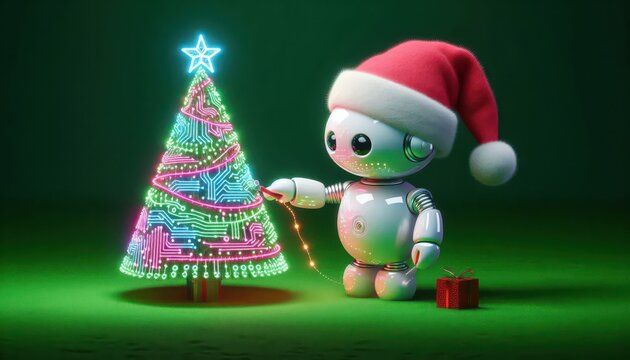 Cute humanoid robot creating a glowing Christmas tree made from circuits on a green background, celebrating the holiday season with a modern technological twist. Ideal for festive greeting cards