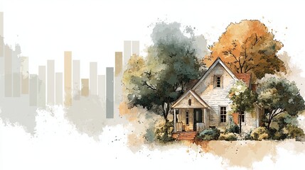 A charming illustrated house surrounded by trees, with autumn colors and a soft, artistic background of abstract shapes and tones.