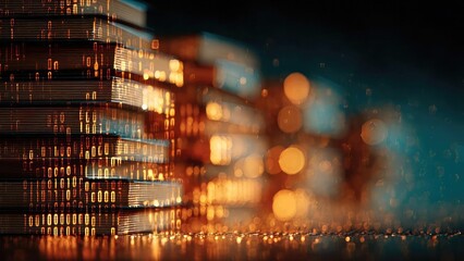 Stacked data storage drives in a data center, glowing orange with binary code and warm bokeh lights. Concept Stacked data storage drives in a data center bathed in warm orange glow with binary code