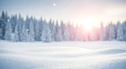 Seasonal Decor Aesthetics for Holiday Themes: Snowy Winter Landscape with Copy Space and Blurry Forest Background