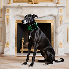 Elegant black cat with green collar sitting in ornate golden picture frame with candles. Luxury pet portrait concept.