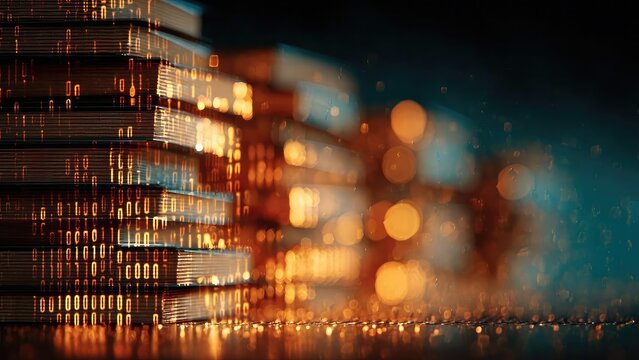 Stacked data storage drives in a data center, glowing orange with binary code and warm bokeh lights. Concept Stacked data storage drives in a data center bathed in warm orange glow with binary code