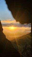 sunrise through a burned out hole in a tree