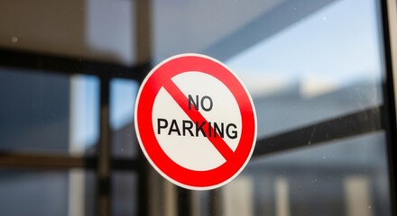 Prohibition Sign Reflecting on Glass Surface, Indicating Parking Restriction Clearly