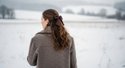 Pensive woman gazes over snowy fields wearing stylish coat and elegant hair bow