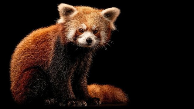 Red panda sitting and looking at the camera with orange fur, white face markings, and a fluffy tail, against a black background. Concept Red panda portrait, Close-up wildlife study