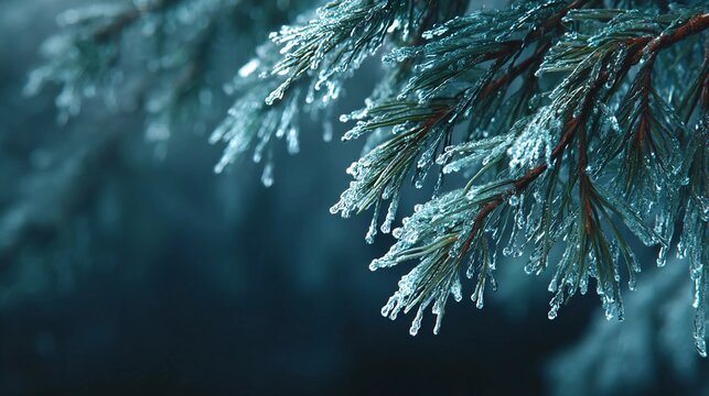 Close up of icy pine tree branch in winter