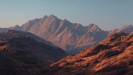 Fototapeta premium Rugged mountain range bathed in warm sunset light, with jagged brown rocks and distant peaks. Concept Rugged mountain range, Warm sunset light, Jagged brown rocks, Distant peaks, Alpine landscape