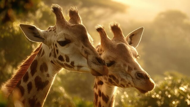Two giraffes nuzzling heads together in warm golden sunlight. Concept Wildlife Photography, Giraffes, Golden Hour Lighting, Giraffe Bonding, Nature Close-Up