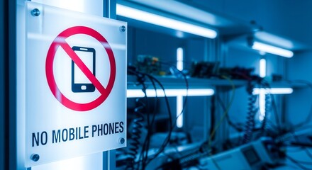 Prohibition Sign Warns About Mobile Phone Usage Within a High Technology Setting