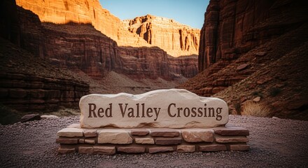 Red Valley Crossing Sign Illuminated by Warm Sunlight in a Majestic Canyon Landscape