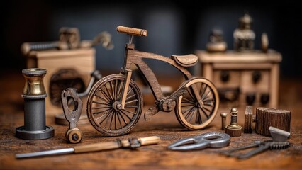 A wooden model bicycle on a workshop table, surrounded by tiny vintage tools, bolts, and bits of hardware. Concept Wooden bicycle model on workbench, Tiny vintage tools and hardware