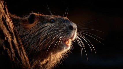 Beaver peeking from a tree trunk, with long whiskers and bright orange incisors visible in its mouth. Concept Wildlife close-up, Beaver portrait, Tree trunk peeking, Whiskers and orange incisors