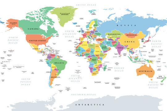 Countries of the world, multi colored political map, with international borders, main oceans, largest lakes and seas. Cylindrical projection. English labeling. Isolated illustration over white. Vector