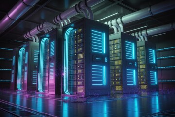 Server room with glowing neon lights and data racks