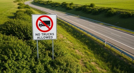 Prohibition Sign Warns About Trucks, Indicating Restrictions on a Scenic Countryside Road