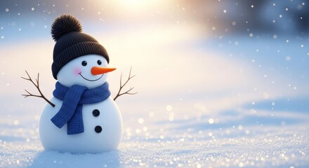 Adorable snowman with a blue scarf enjoying a beautiful sunny day in a winter wonderland scene