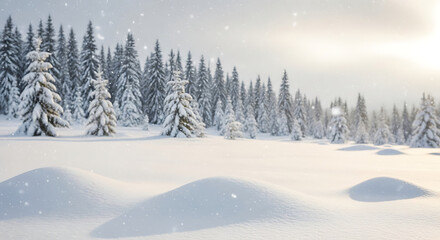 Fototapeta premium Seasonal Decor Aesthetics for Holiday Themes: Snowy Winter Landscape with Copy Space and Blurry Forest Background
