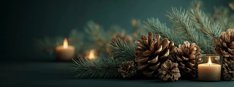 Cozy holiday scene with pine cones and candles