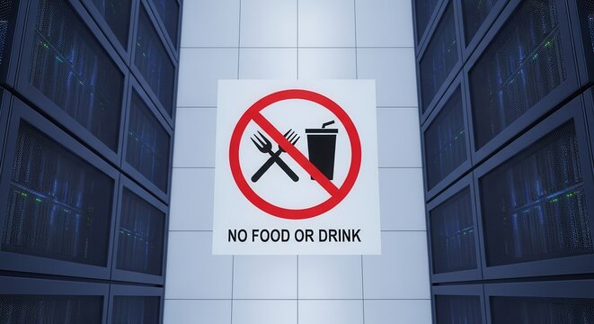 Prohibition Sign Warns Against Food And Drinks Near Technology Servers, Data Center