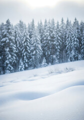 Fototapeta premium Seasonal Decor Aesthetics for Holiday Themes: Snowy Winter Landscape with Copy Space and Blurry Forest Background