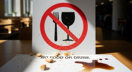 Prohibition Sign With Food And Drink Symbol Depicting Spilled Beverages in Public Area