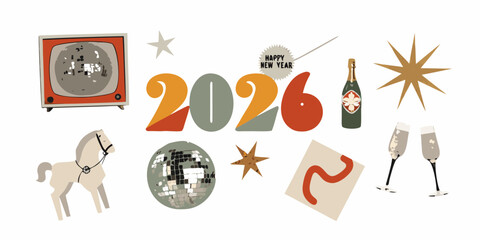 Retro new year 2026 celebration with disco balls and champagne
