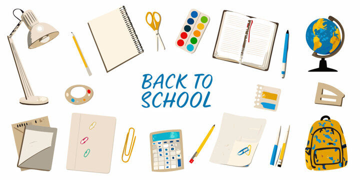 Back to school illustration with school supplies and accessories on white background - Powered by Adobe