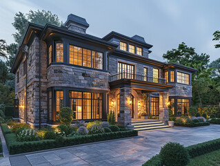 Modern Traditional Luxury House with Stone Accent Walls and Cozy Porch