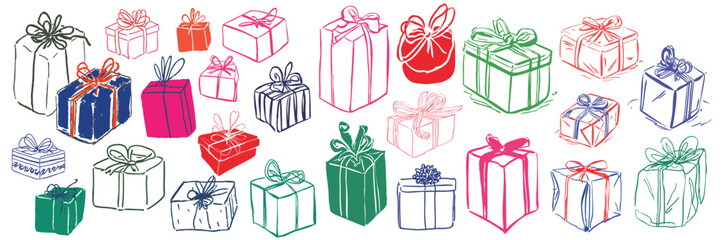 Obraz premium Hand drawn doodle set of colorful gift boxes and presents for christmas birthday and anniversary