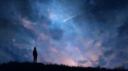 Fototapeta premium Silhouette of person standing on hill looking at shooting star in a dramatic night sky