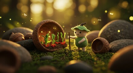 Surealis of miniature cute doll doing farm in knitted character style in the small forest