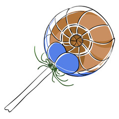 Colorful lollipop with spiral design and blue accents on stick  