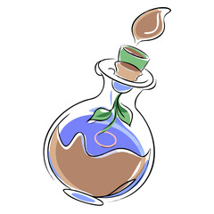 Glass bottle with colorful liquid and plant inside  