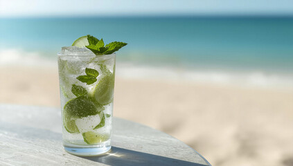 Close-up Texture of Water Condensation on Cold Glass with Blurred Sea Background, Summer Copy Space Template