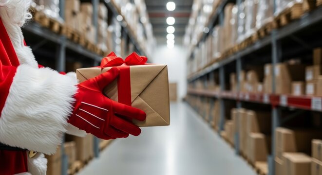 Santa delivering holiday gifts within a large storage warehouse showcasing christmas logistics and delivery