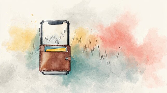 A digital illustration of a smartphone in a wallet, featuring colorful abstract backgrounds representing finance or technology concepts.