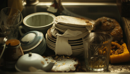 Pile of Greasy Dirty Plates and Glasses with Sponge and Bubbles, Household Cleaning Chore and Hygiene Concept