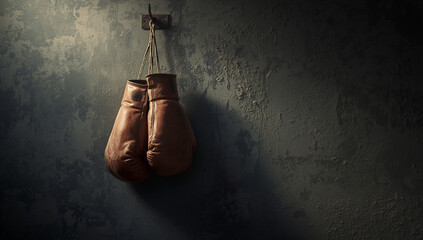 Cinematic Still Life of Hanging Boxing Gloves with Dramatic Lighting and Shadow, Grunge Texture and Atmospheric Dust Effect