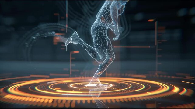 Ai wireframe human running for public health innovation and fitness technology with futuristic data, glowing interface, energy, and wellness