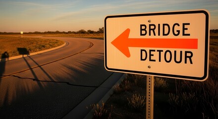 Roadside Bridge Detour With An Orange Arrow Directing Traffic During Sunset Hour