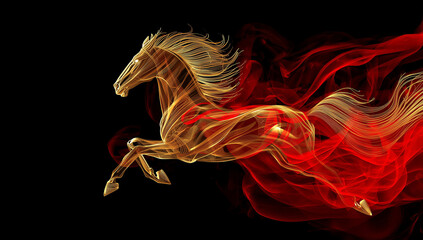 Abstract Golden and Red Smoke Running Horse Silhouette on Black Background, Chinese New Year 2026 Year of the Horse Zodiac Concept