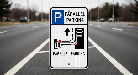 Roadside Sign Displaying Parallel Parking Instructions in a Photographic Composition
